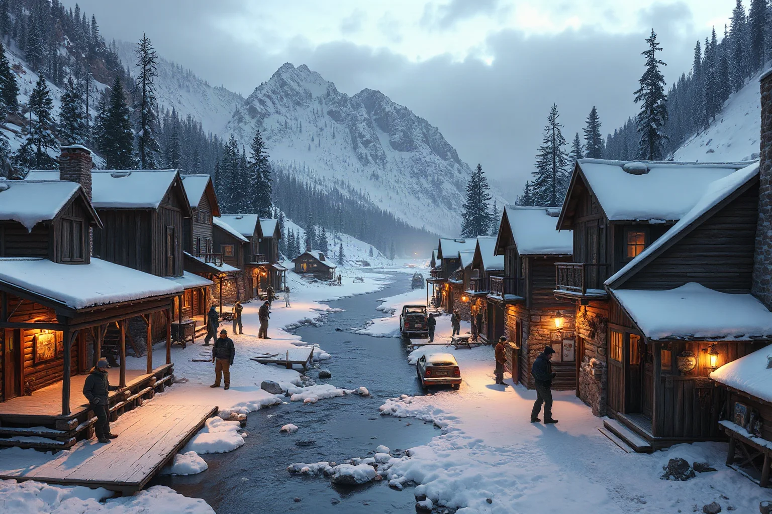 A snowy gold-rush mining camp with wooden saloons and prospectors along a frozen river