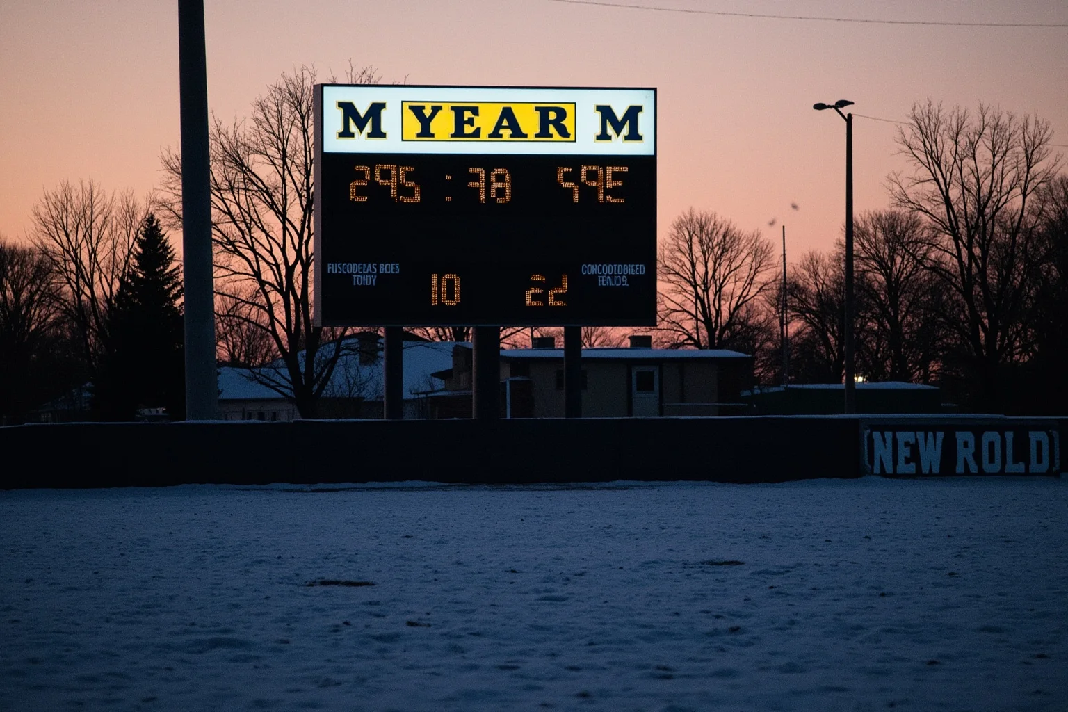 Longest Championship Droughts In Sport History 9 A snowy Michigan football field at dusk with an old scoreboard reading a decades-old year, symbolic illustration