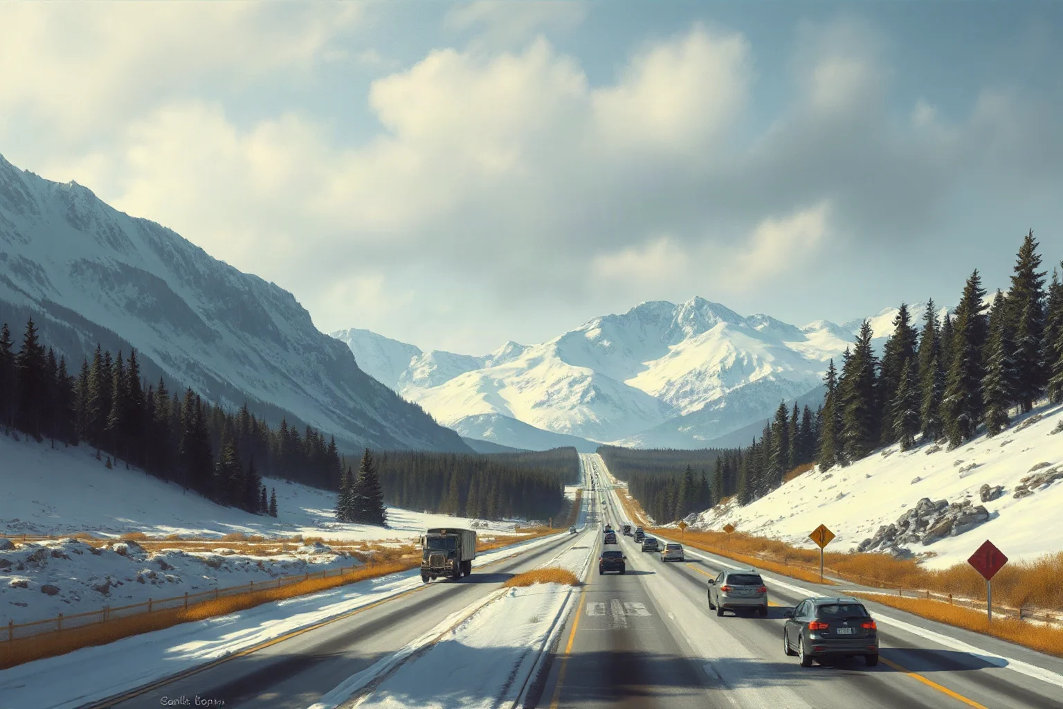 A snowy mountain pass in the Pacific Northwest with a long line of travelers in the distance, historical painting style