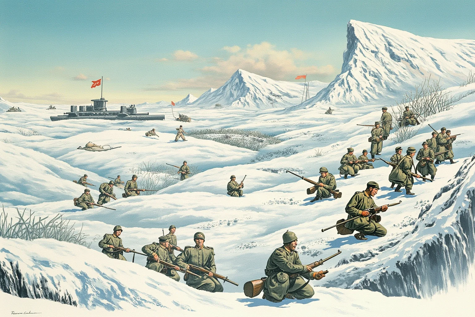Memorable Moments Of Friendly Fire Throughout History 21 A snowy mountainous battlefield with multinational military units in generic winter uniforms, mid-20th-century illustration style