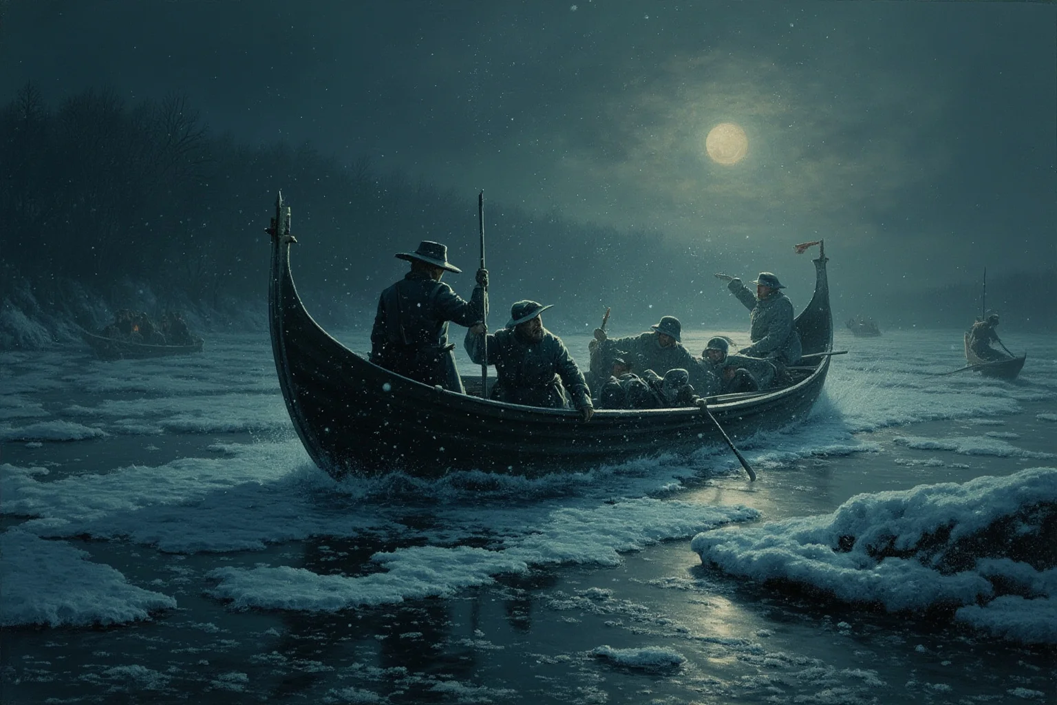 A snowy river crossing at night with silhouetted soldiers in a wooden boat amid sleet and ice, historical painting style