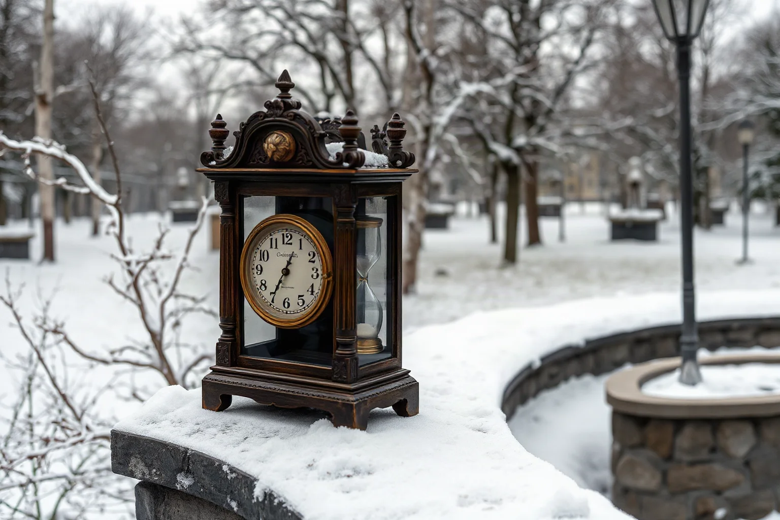 A snowy Russian landscape with an old ornate clock and hourglass resting on a stone ledge