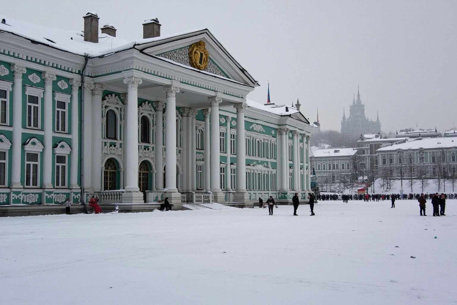 Empires That Fell Slowly—and 20 That Collapsed Overnight 16 A snowy Russian palace exterior with a distant revolutionary crowd silhouette