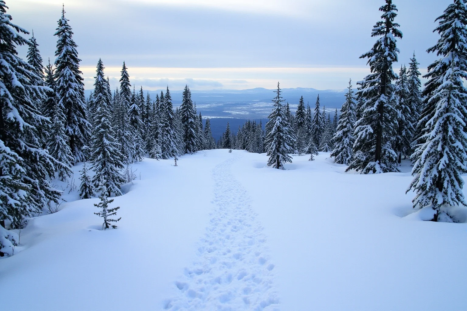 A snowy Siberian forest trail stretching toward distant mountains with faint footprints in the snow