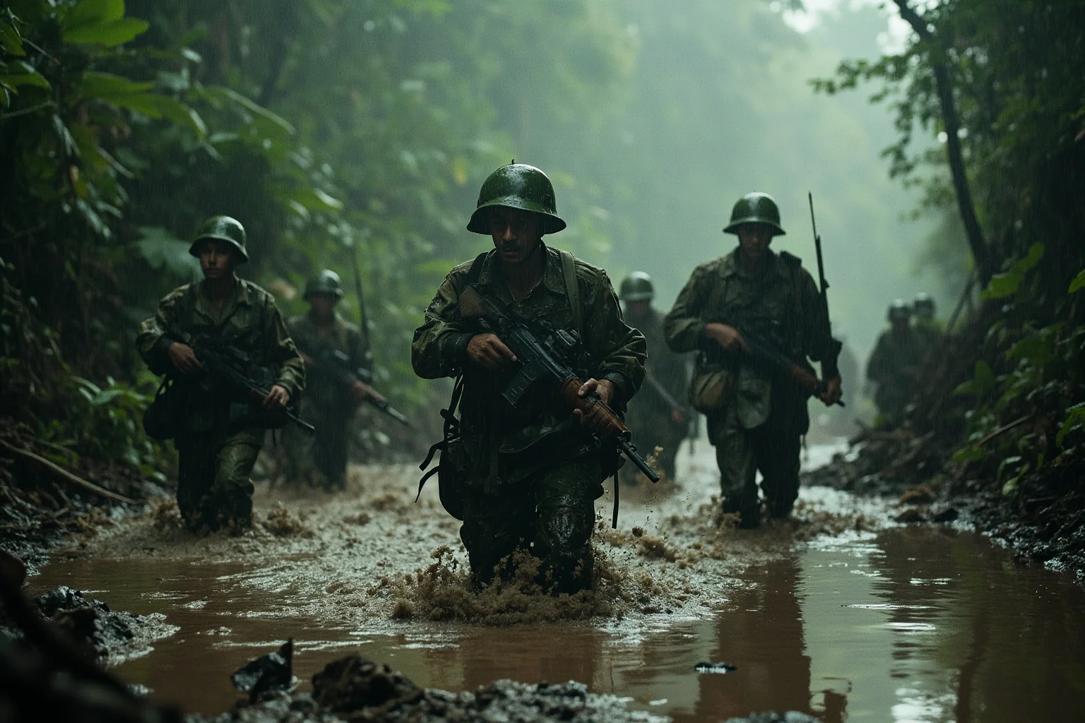 A soaked jungle battlefield in Southeast Asia during heavy monsoon rain with soldiers trudging through mud
