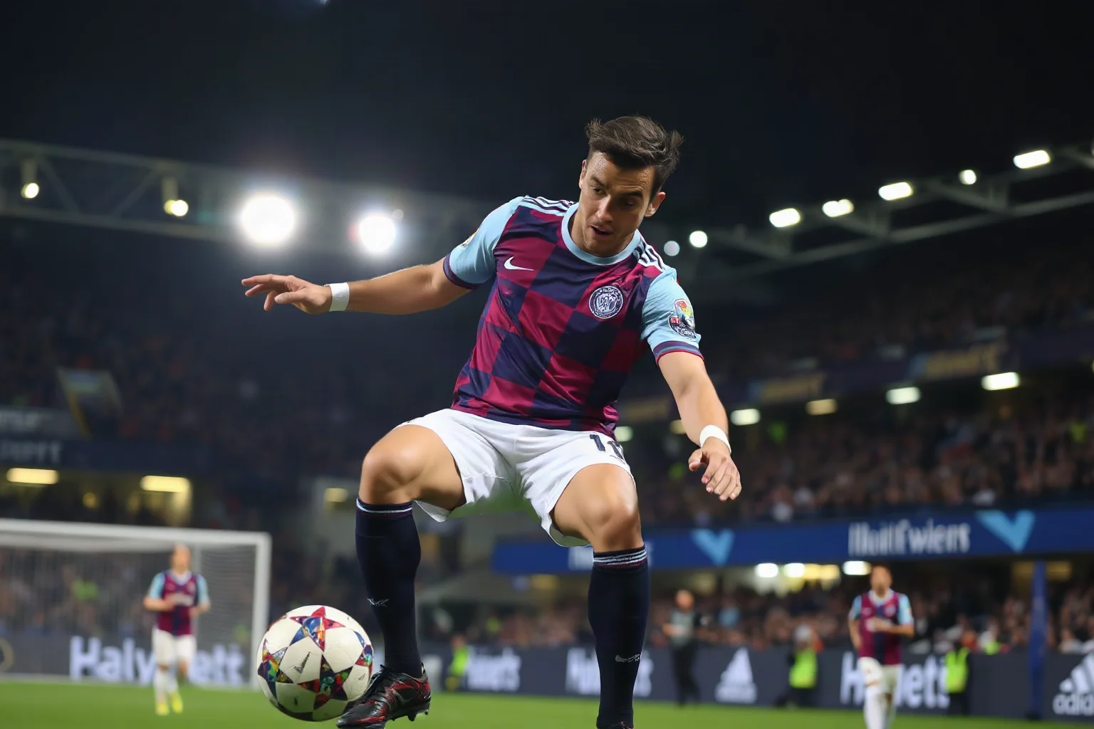 A soccer player on the pitch during a Champions League night match, floodlights illuminating a tense collision moment