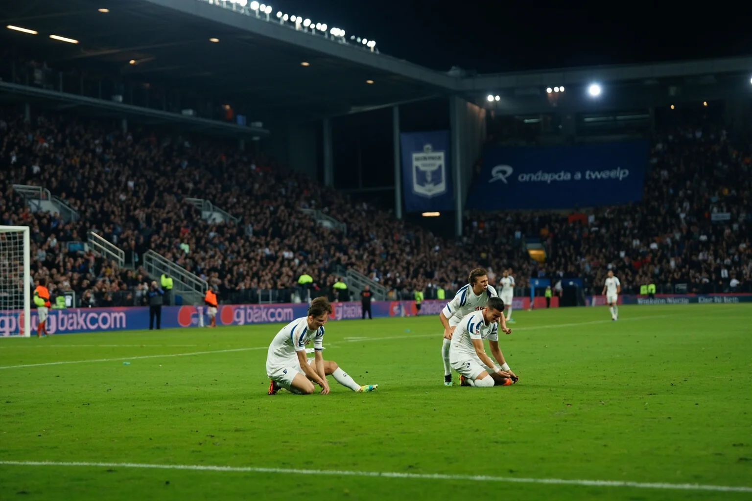 A soccer stadium at night with players collapsing to their knees in stoppage-time celebration after a last-minute comeback goal