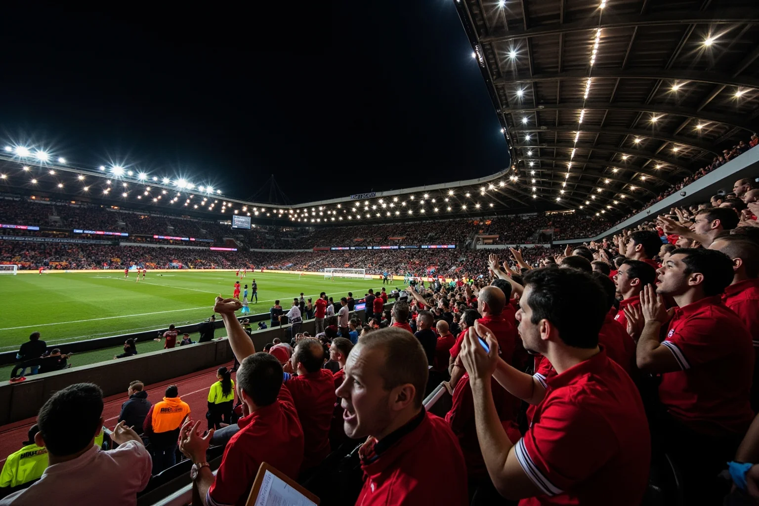 A soccer stadium filled with red-clad fans singing anthem-style under bright floodlights before a historic comeback match