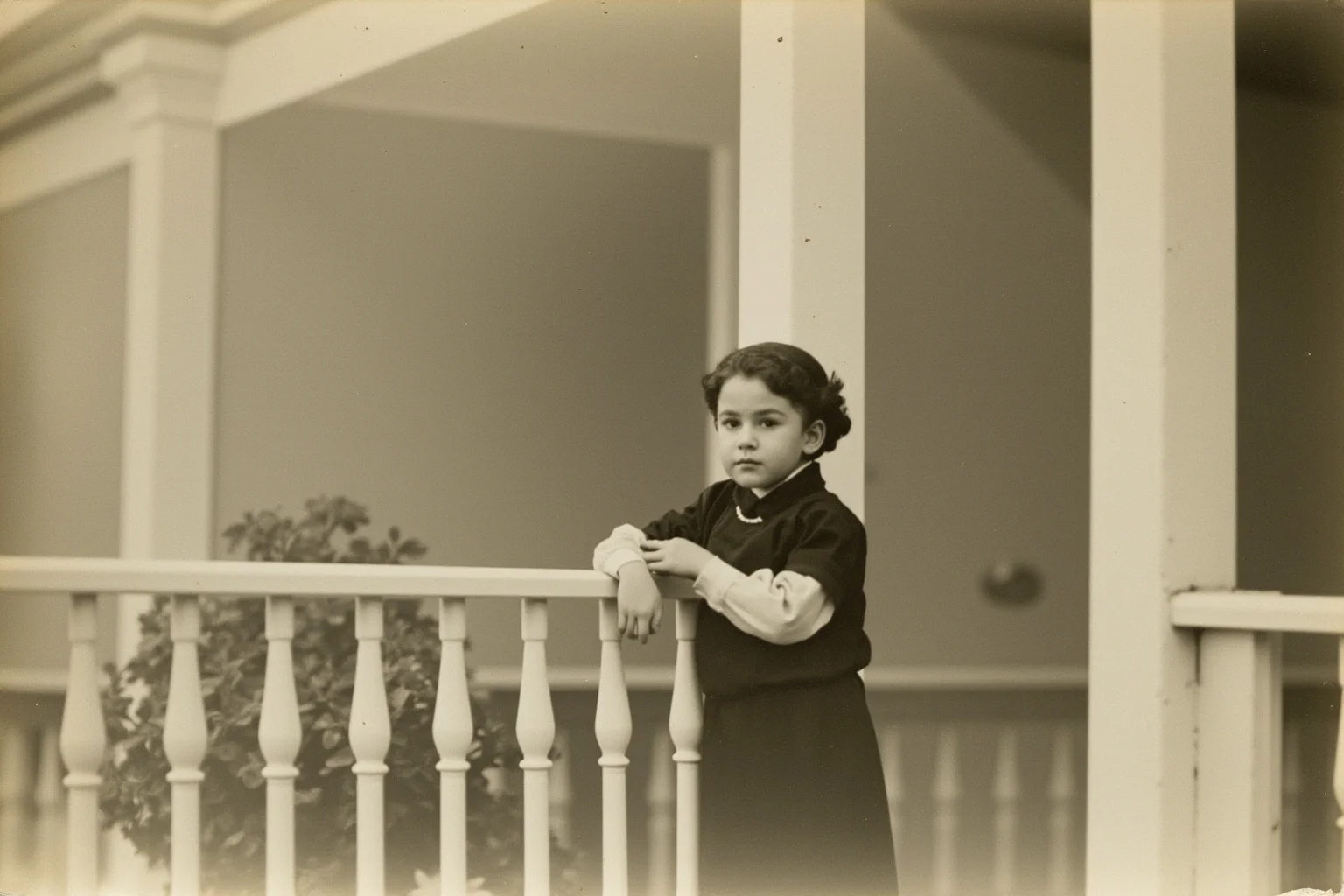 A soft-focus antique photo of a young girl in a high-collared early 1900s dress standing by a porch