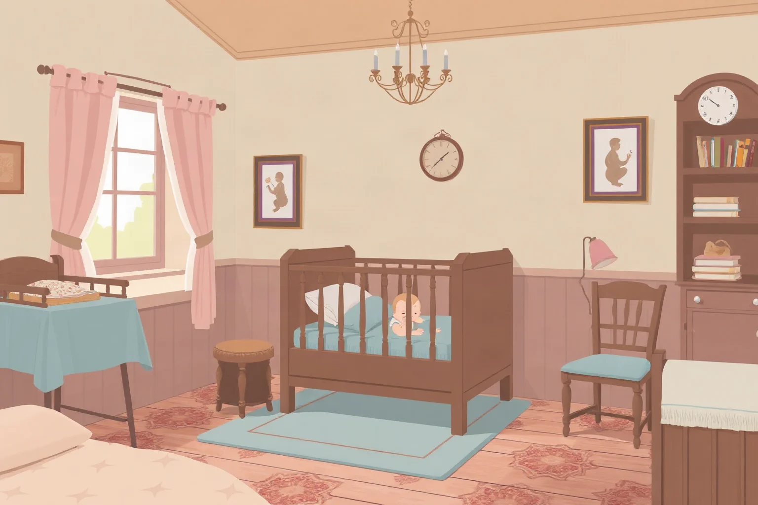 A soft illustration of a Victorian-era nursery representing historical whooping cough concerns among infants, gentle tones