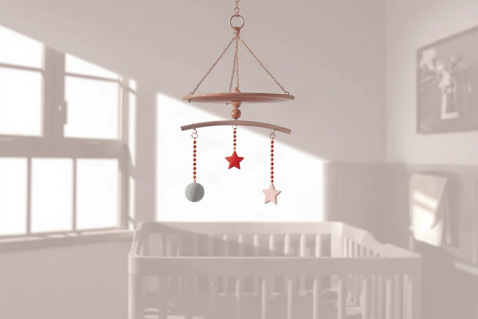 A soft illustration of a vintage nursery mobile hanging empty in sunlight, symbolizing absence