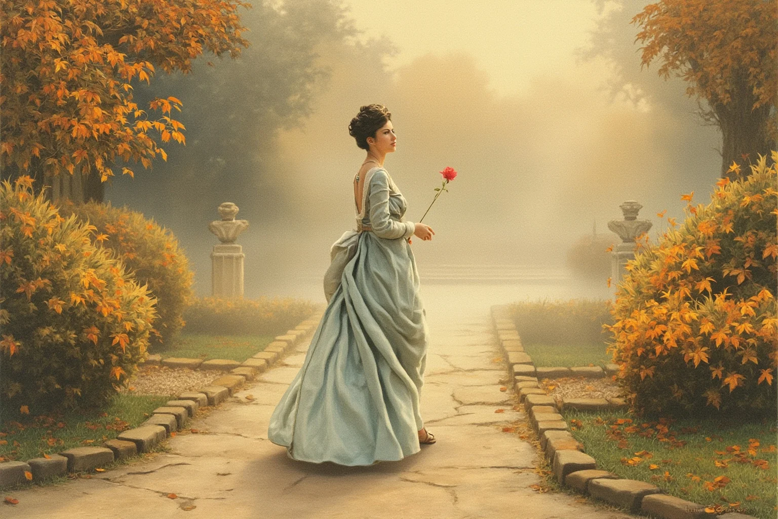 Historical Figures Who Died Of A Broken Heart 12 A soft, painterly illustration of a 19th-century empress walking through a misty garden estate in autumn