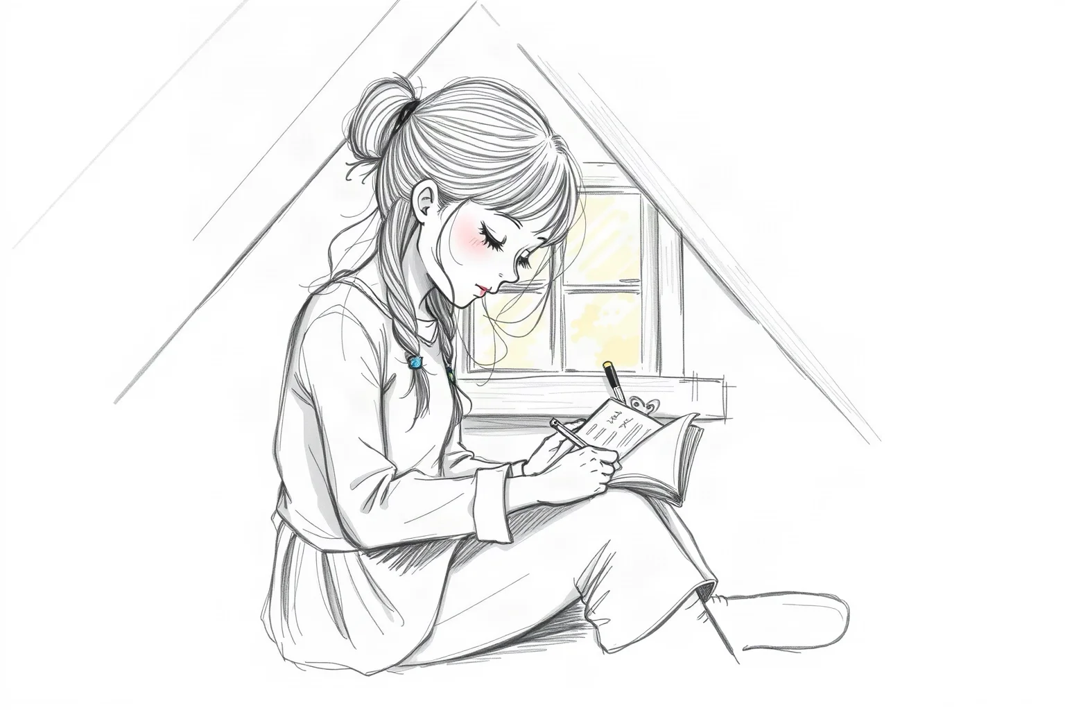 A soft pencil-sketch illustration of a young girl writing in a diary by a small attic window, sunlight streaming in