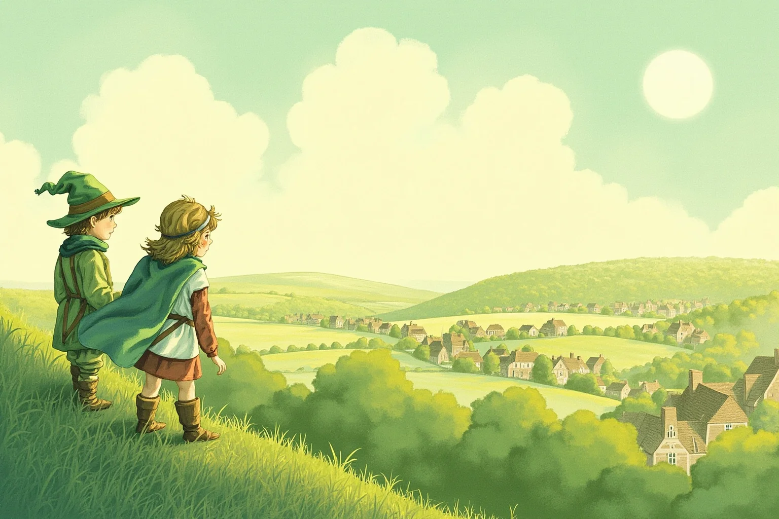 20 of the Most Mysterious People in History 18 A soft, storybook-style illustration of two green-tinted children standing at the edge of a medieval English village field
