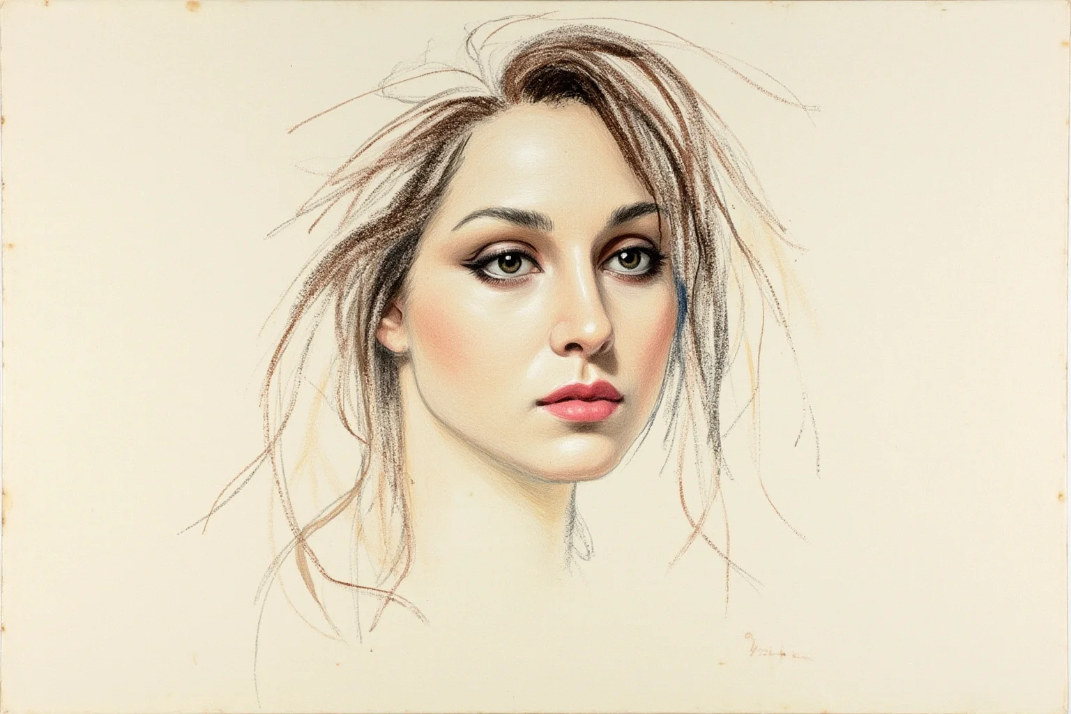 A soft unfinished oil sketch of a woman's face with tousled, flowing hair, loose expressive brushwork