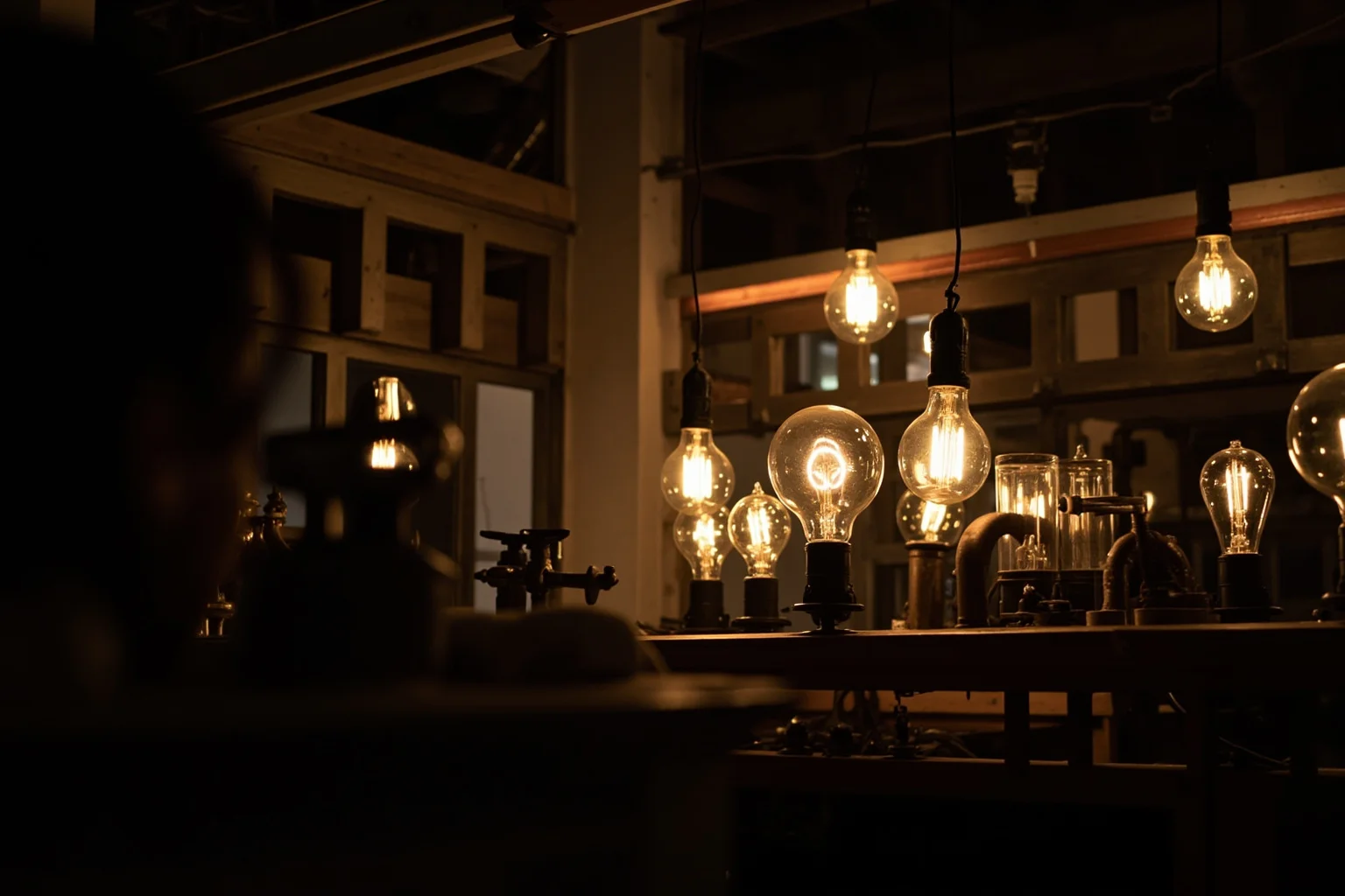A softly lit early 20th-century laboratory workshop with light bulbs and old wiring, symbolizing invention