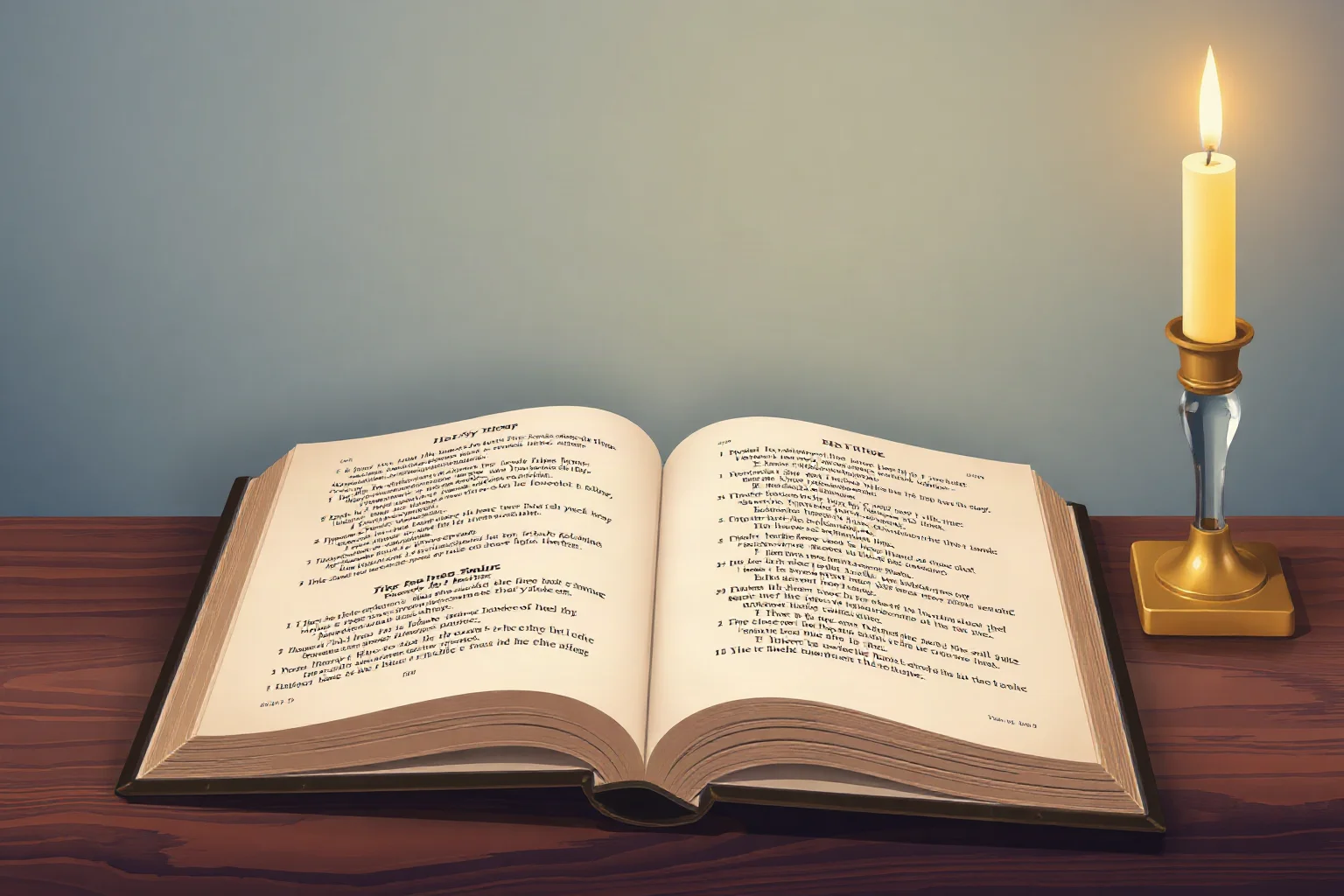 A softly lit illustration of an open hymn book resting on a wooden nightstand beside a lit candle