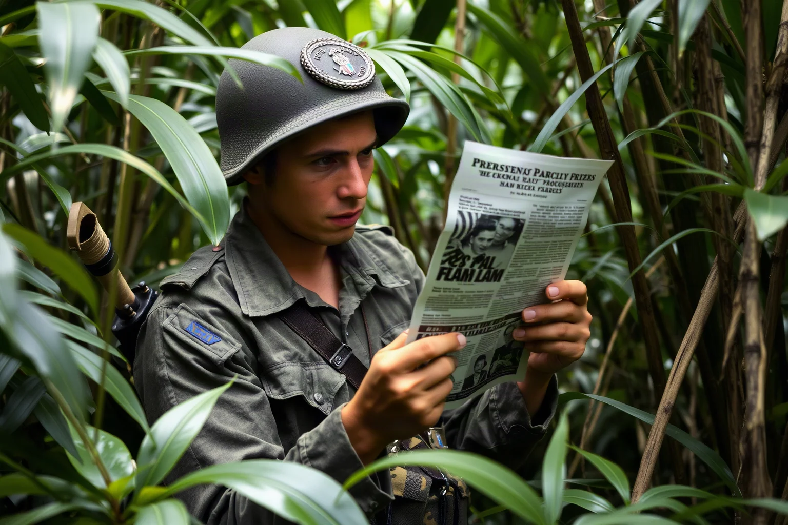 A soldier in tattered uniform examining a propaganda leaflet skeptically in dense jungle foliage