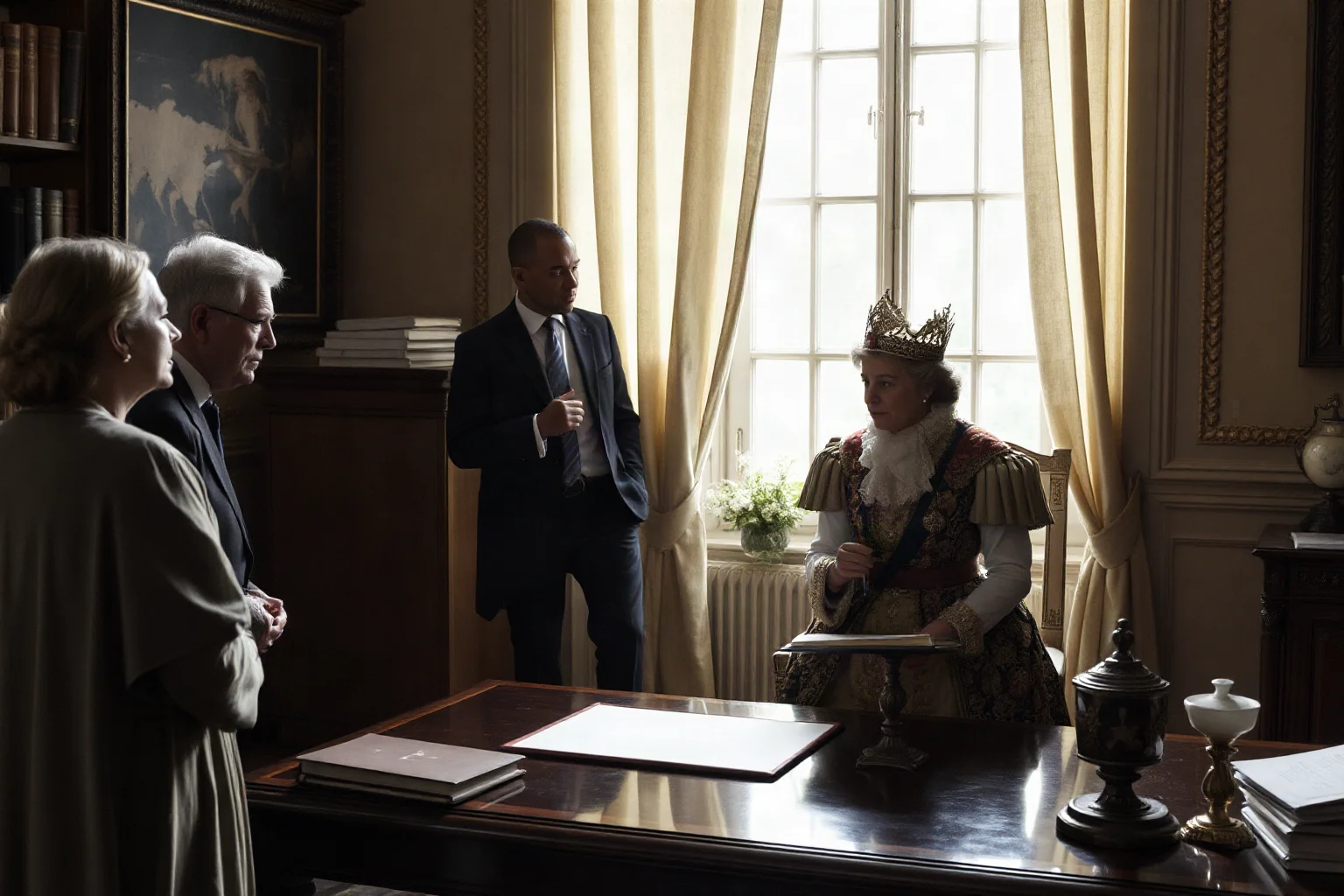 A solemn European monarch signing a document beside advisors in a war-torn palace study