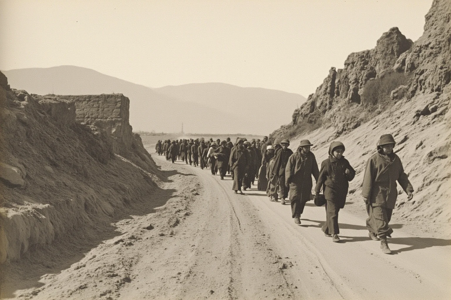 The Worst Events in Human History: 22 of the Darkest Chapters Ever Recorded 16 A solemn historical illustration of Armenian refugees walking along a dusty road in the early 20th century