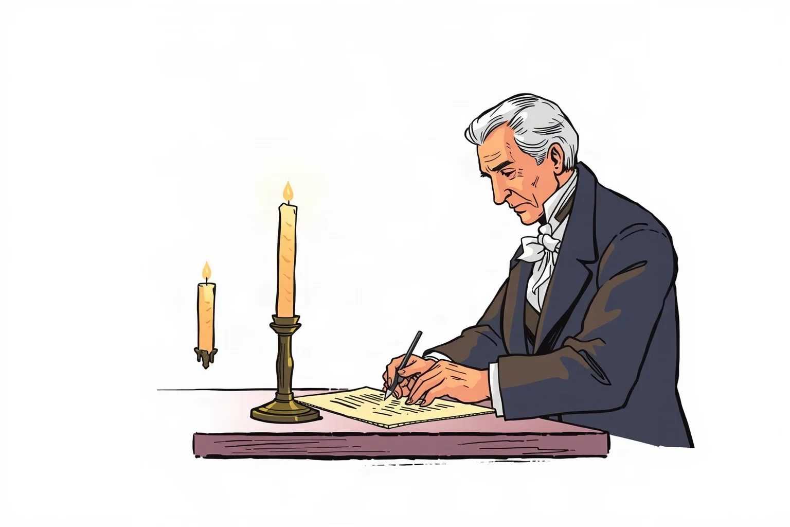 A solemn illustration of a 19th-century American president signing a document by candlelight