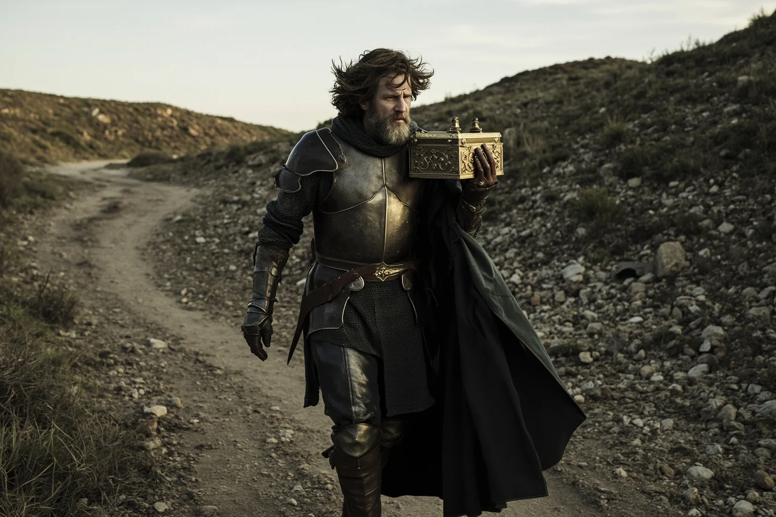 The Real Braveheart: The Story of How Robert the Bruce Freed Scotland 19 A solemn medieval knight carrying a small ornate casket across a rugged landscape