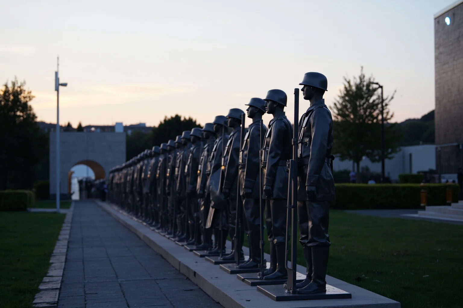 Have People Forgotten About the Korean War? Why It's Called the "Forgotten War" 2 A solemn memorial scene with rows of stainless steel soldier statues in a park setting, inspired by war memorial architecture, softly lit at dusk.