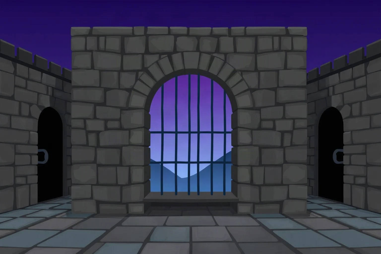 A solemn stone prison courtyard at dusk with a single barred window, illustration, no graphic content