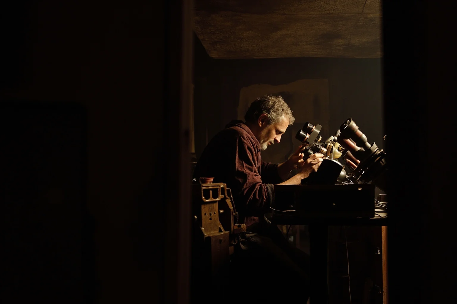Philosophers Everyone's Heard Of, and 20 Everyone Forgot About 9 A solitary 17th-century philosopher grinding optical lenses at a workbench in a modest, dimly lit room