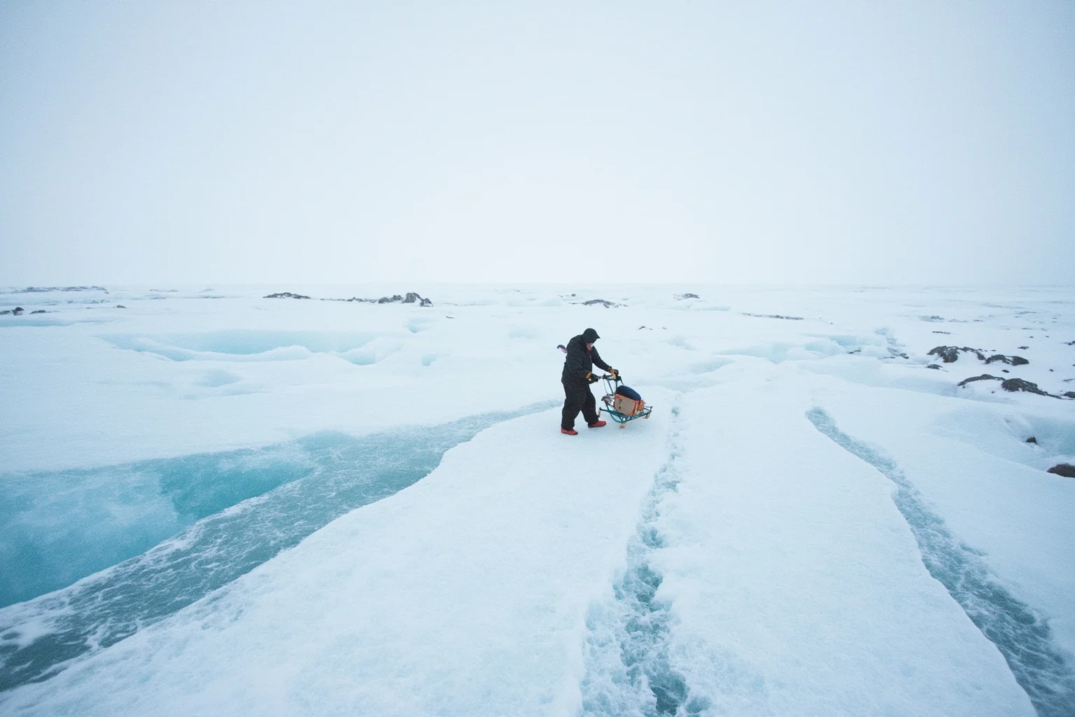 A solitary explorer trudging alone across a windswept, crevassed icy landscape pulling a small sledge