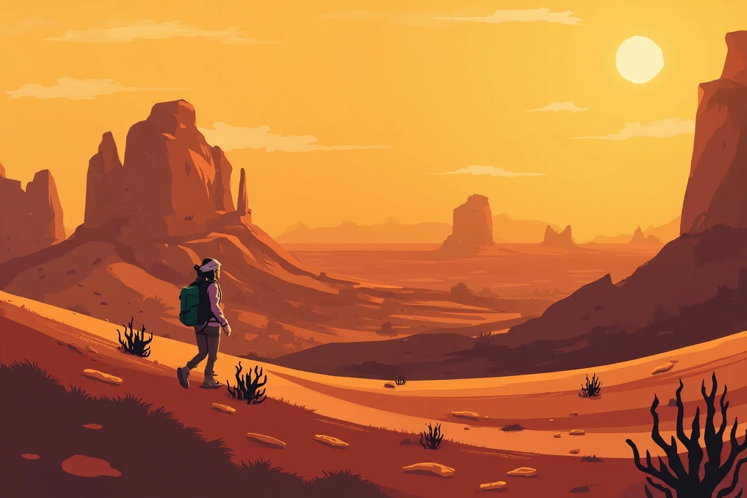 Longest Journeys Ever Undertaken On Foot 18 A solitary female hiker walking through an outback desert landscape with a small pack, warm sunset illustration style