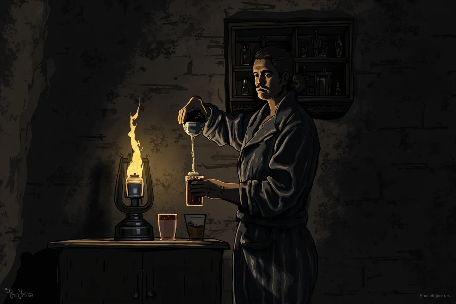 Strange History: Why Lighthouse Keepers Went Mad (Or Did They?) 18 A solitary lighthouse keeper pouring a drink beside a flickering oil lamp in a small stone room, moody vintage illustration
