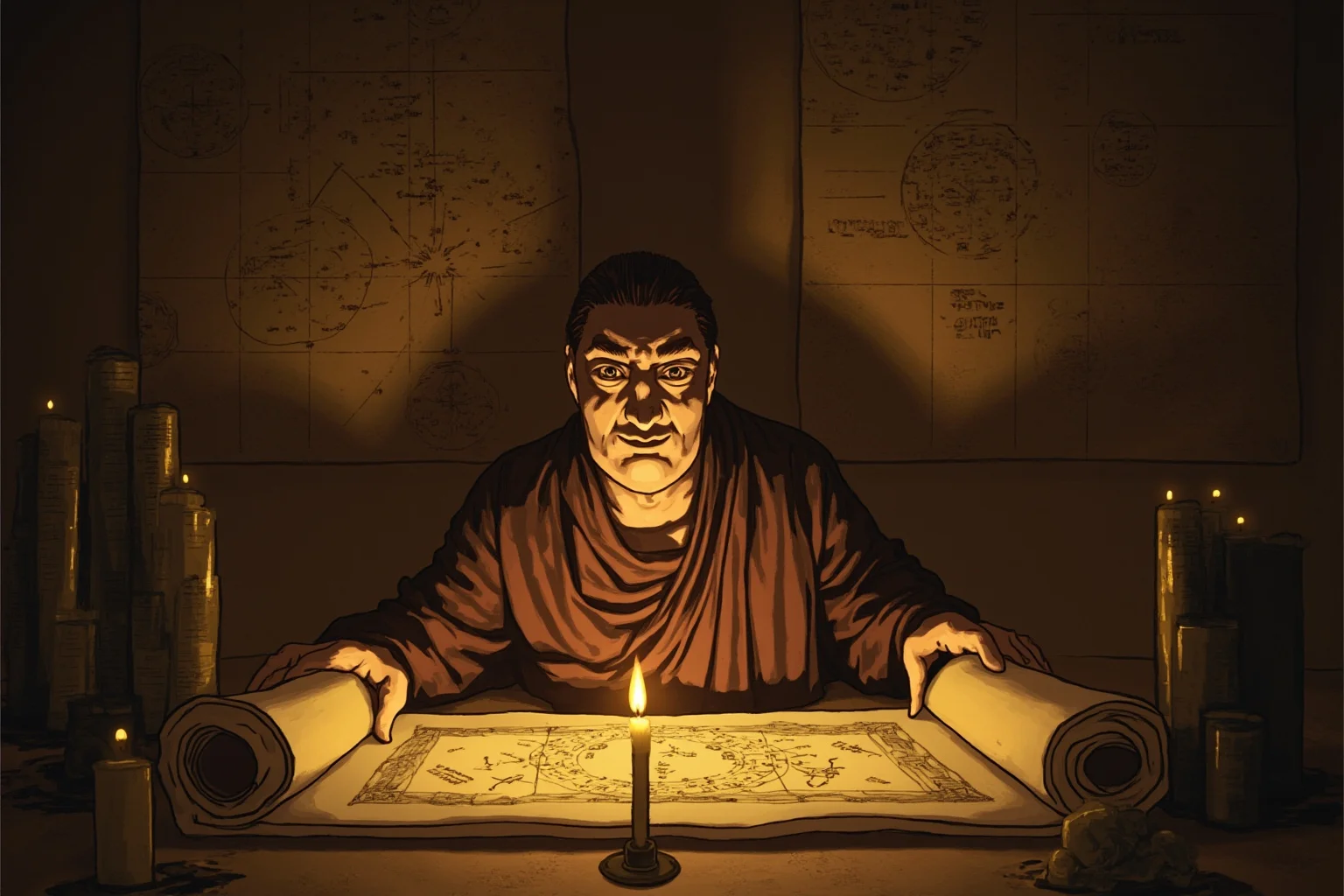 The Mad Baron Who Conquered Mongolia: The Bloody Life of Roman von Ungern-Sternberg 7 A solitary robed mystic studying Buddhist scrolls and astrological charts by candlelight, illustrative style