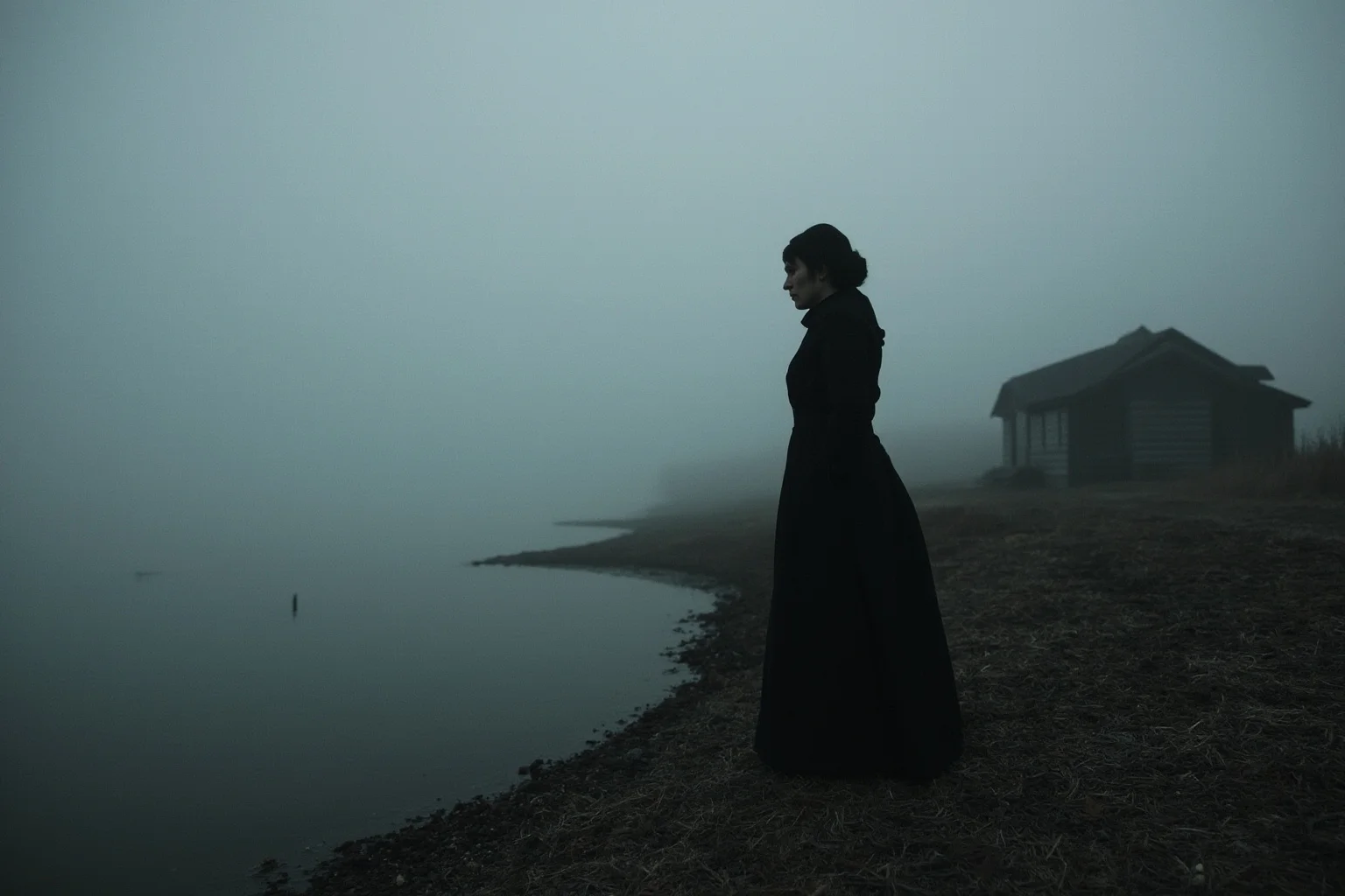A solitary widow in mourning black standing near a riverside cabin along a misty Potomac shoreline