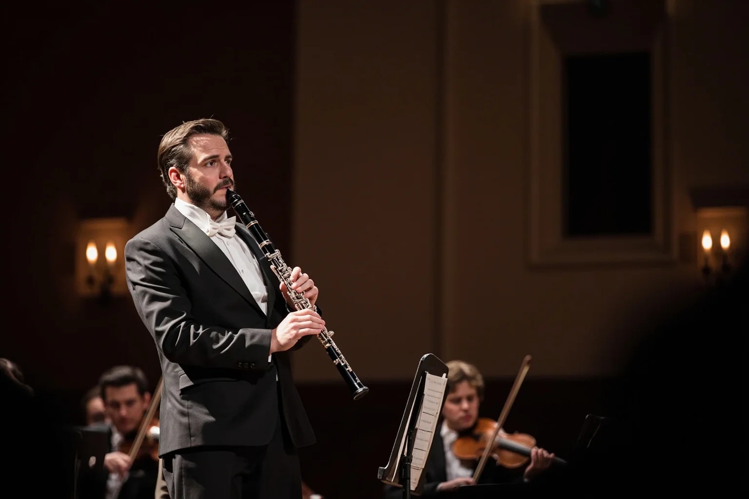 A solo clarinetist performing on stage with a chamber orchestra in the background, 18th-century setting
