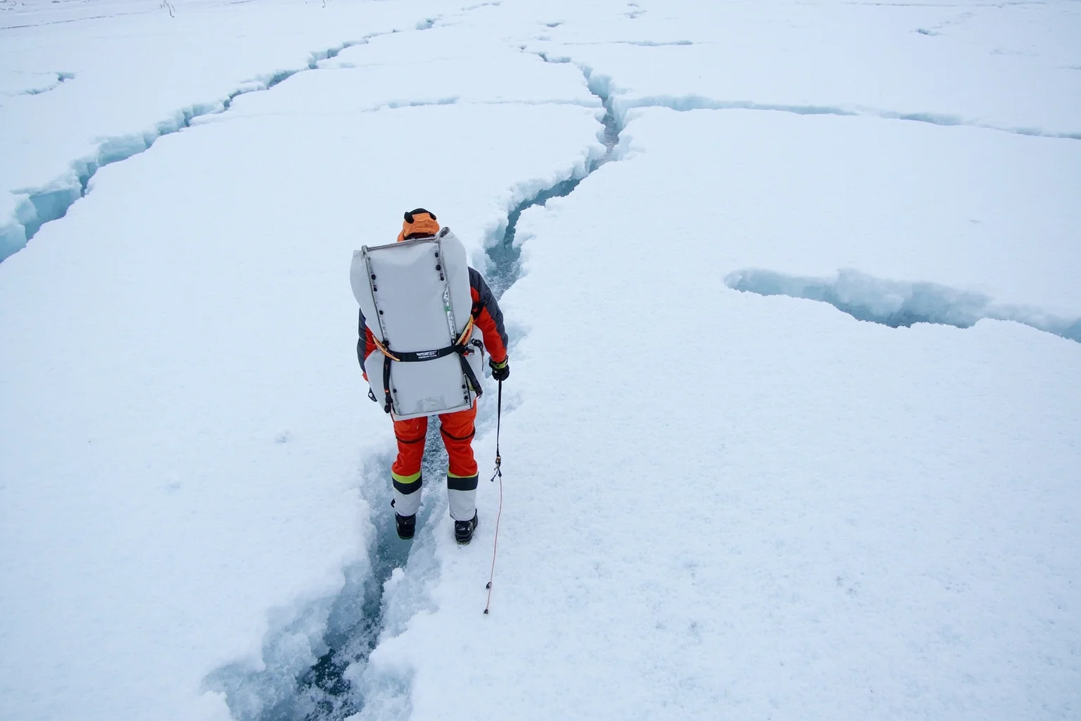 A solo modern explorer in high-tech cold-weather gear crossing a vast crevassed Antarctic ice sheet alone