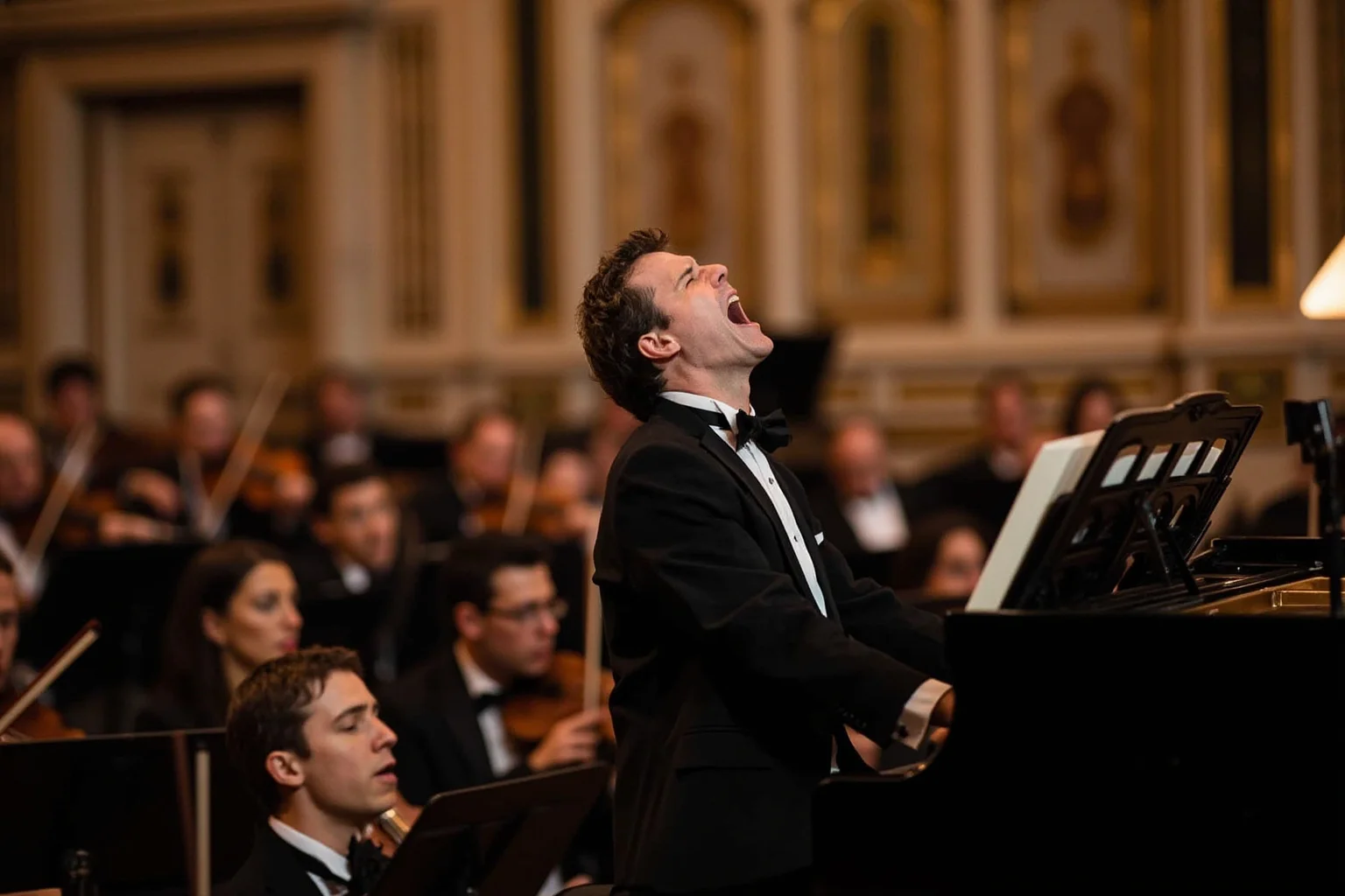 A solo pianist performing passionately with an orchestra in an ornate 18th-century concert hall