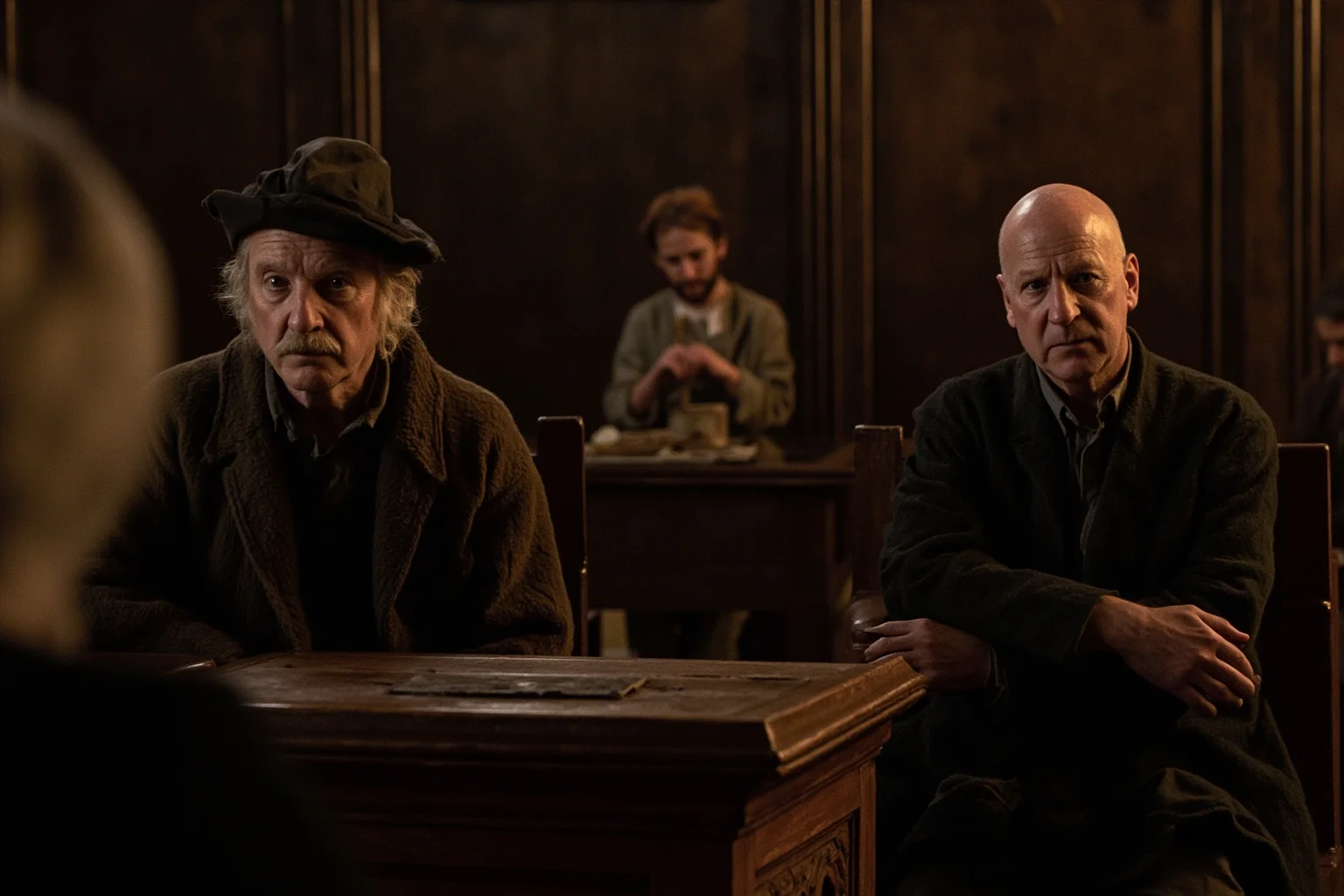 A somber 17th-century New England village courtroom scene with colonial-era figures in period dress, evoking a historic trial