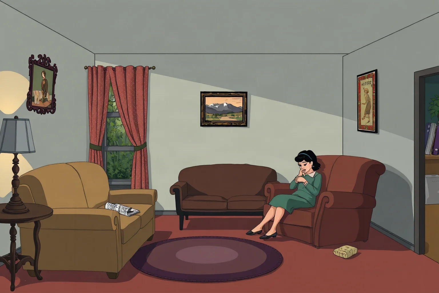 A somber 1950s living room scene conveying quiet grief, illustrative style, no real named figures