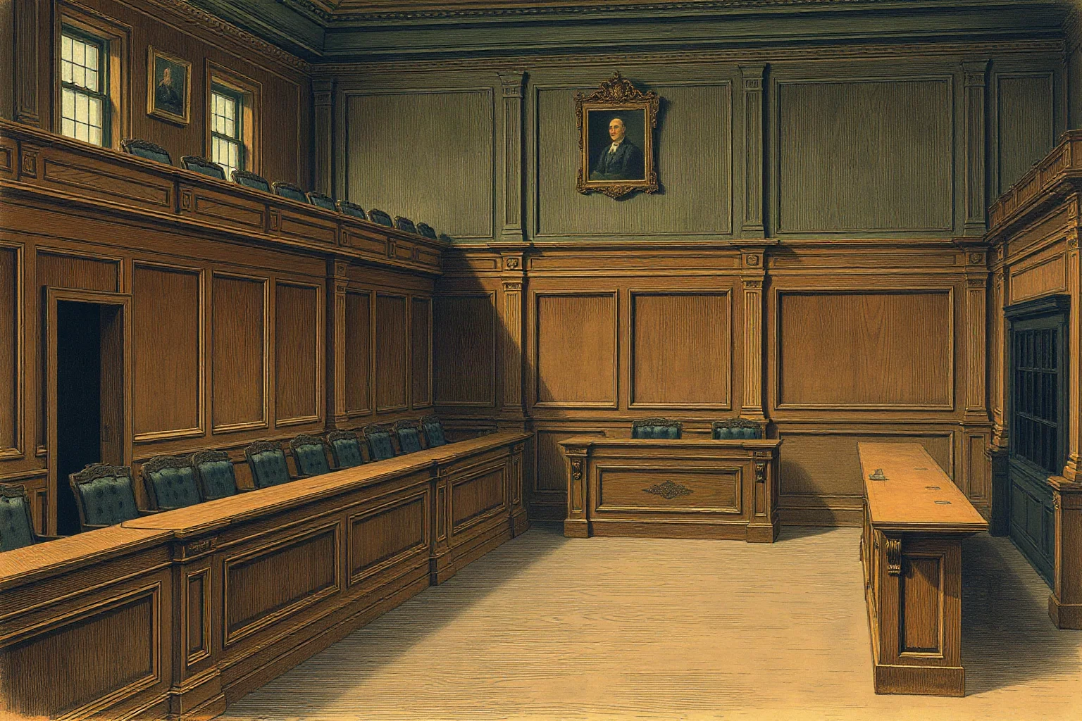 A somber 19th-century courtroom illustration with a wooden gallery and a judge's bench, evoking a treason trial of the era