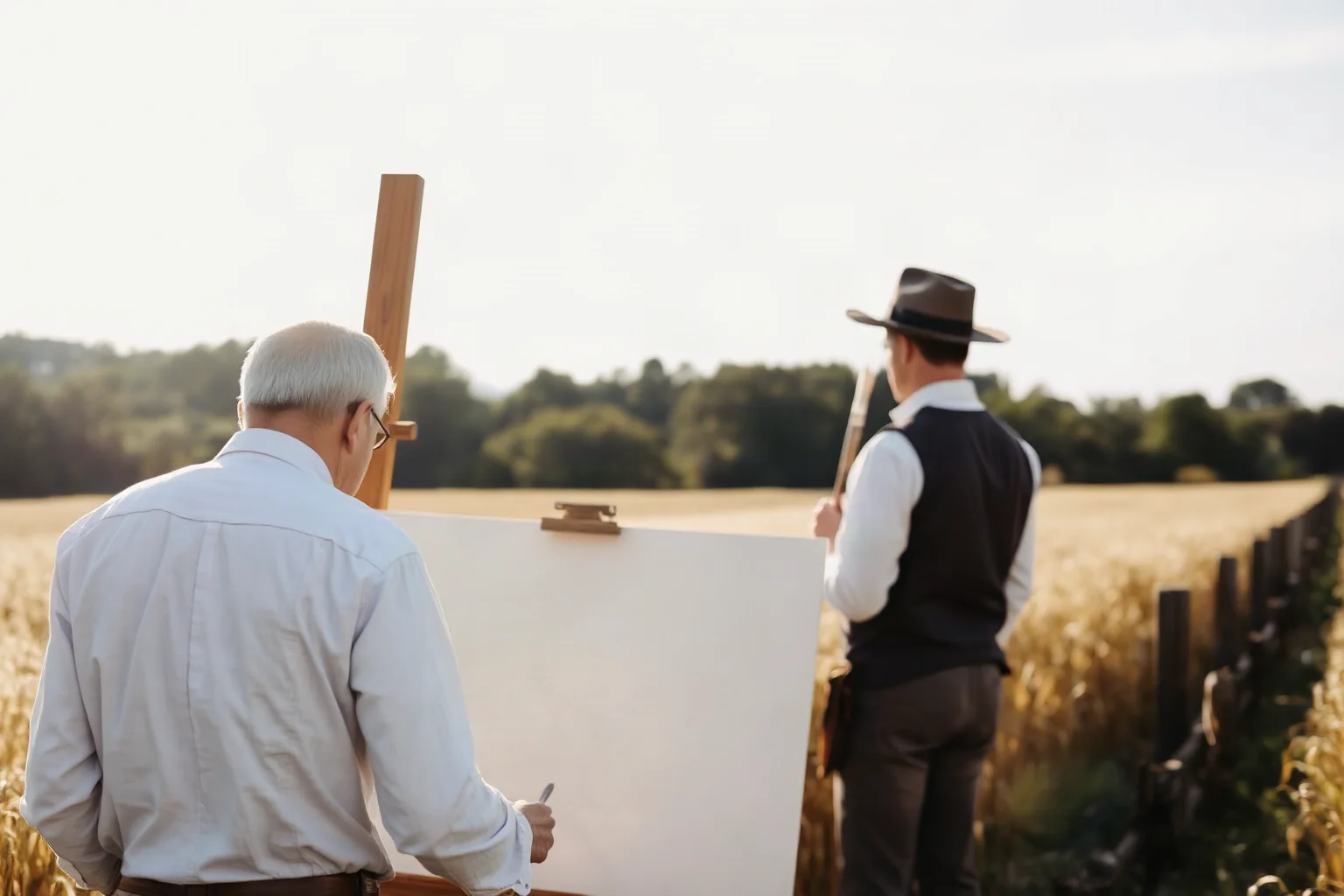 A somber 19th-century painter standing before an easel in a sunlit wheat field, brushes and canvas nearby