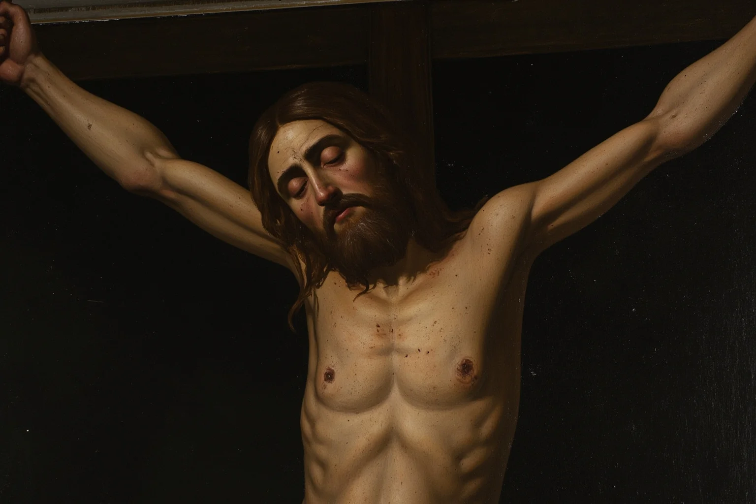 22 Creepiest Pieces of Medieval Art (And the Strange History Behind Them) 15 A somber altarpiece painting of a crucified figure with pale, sore-covered skin against a dark night sky