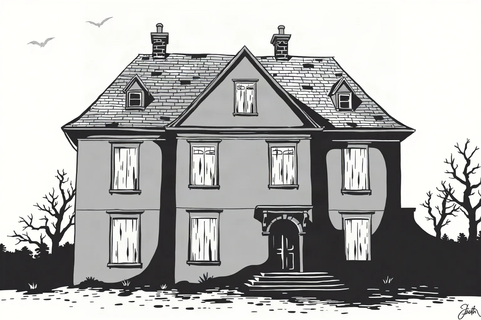 A somber black-and-white style illustration of a European mansion with boarded windows during wartime