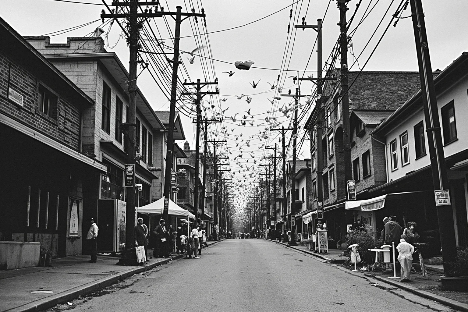 A somber black-and-white style memorial scene of a rebuilt Japanese city street in the 1950s with paper cranes