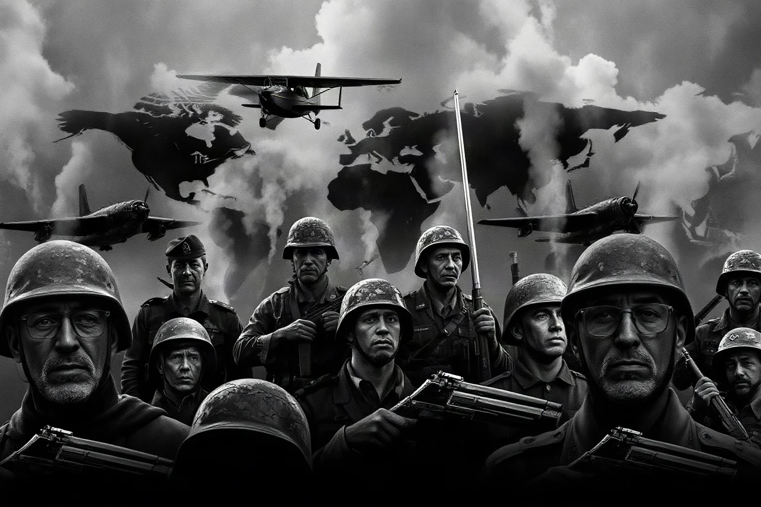 A somber black-and-white style montage of soldiers and civilians representing the global scale of a world war, no identifiable real figures