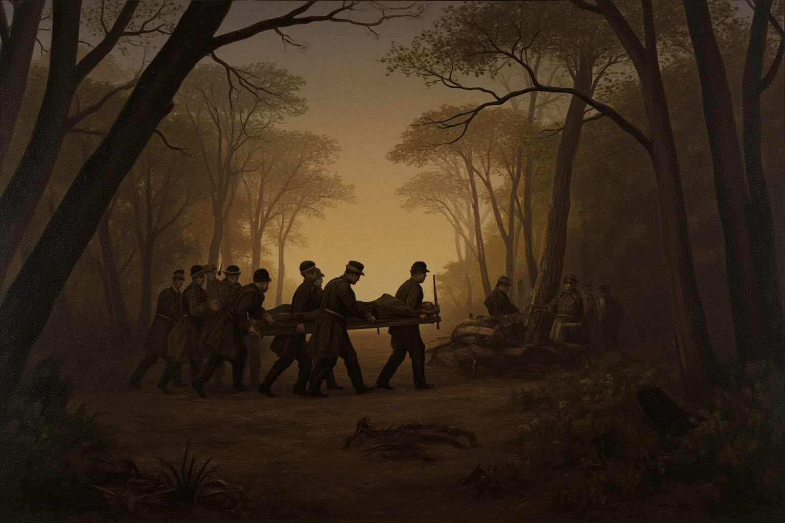 Memorable Moments Of Friendly Fire Throughout History 5 A somber Civil War-era forest scene at dusk with soldiers and a fallen officer being carried on a stretcher, painterly style