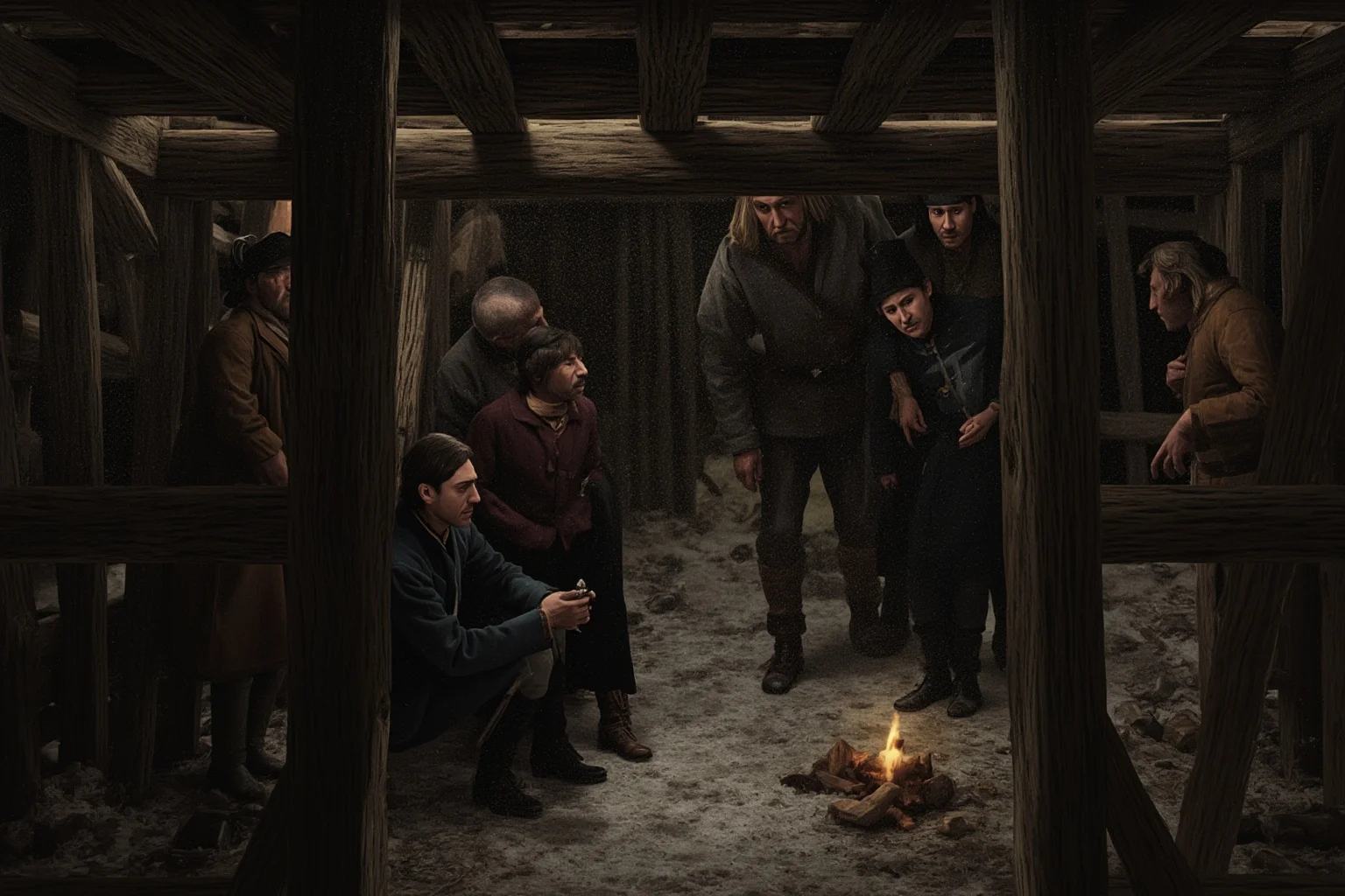 The Starving Time: Colonial America's Darkest Hour 4 A somber depiction of a cramped wooden fort interior with colonists in worn clothing during a harsh winter