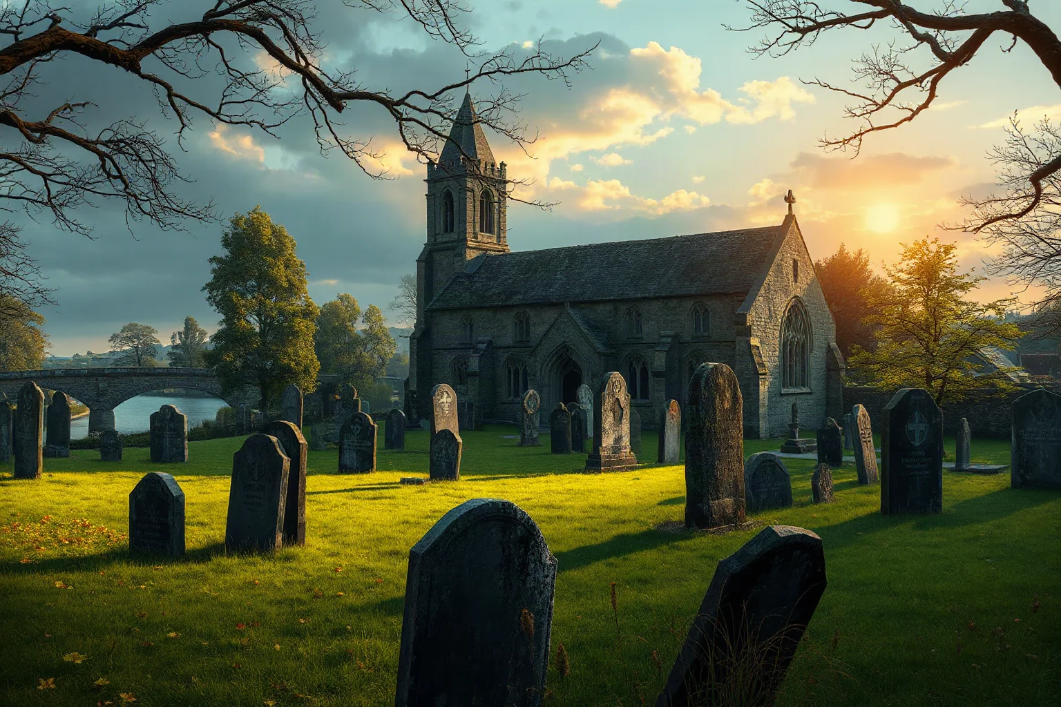 A somber English churchyard with old gravestones near a river, autumn light, historical illustration
