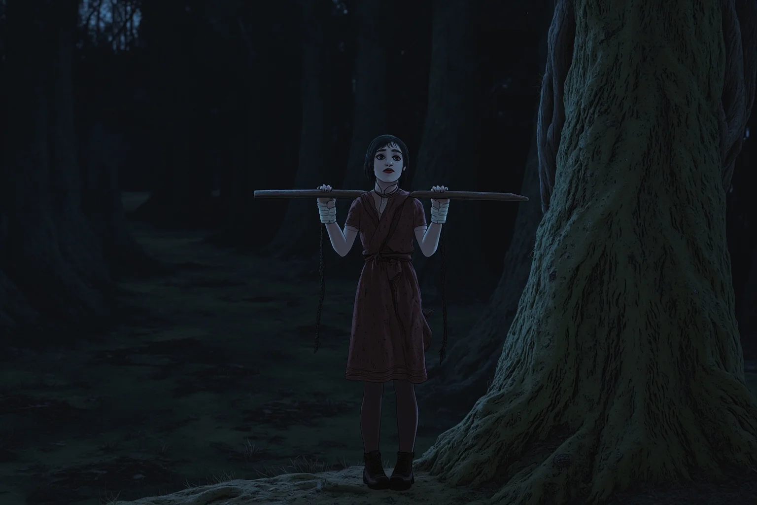 Grim Childhoods Indeed: The 20 Darkest Brothers Grimm Fairy Tales 6 A somber fairytale illustration of a young woman with bandaged wrists standing at the edge of a dark forest
