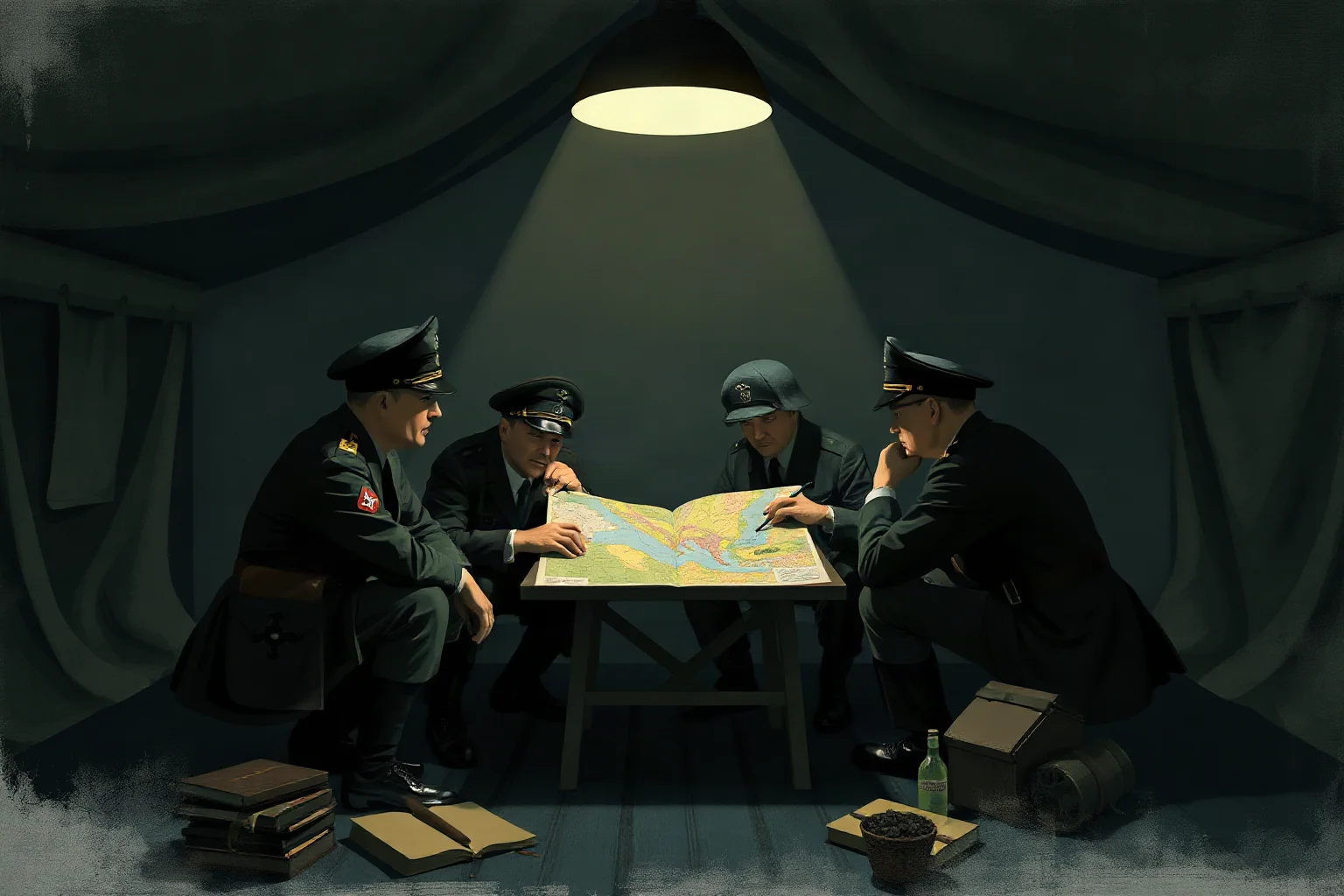 A somber German command tent scene with officers studying a map, dim lighting, illustrative wartime strategy meeting